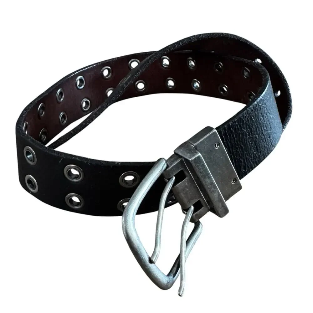 Kid’s Black/Brown Genuine Leather Reversible Belt Silver Buckle 2 Row Grommets
